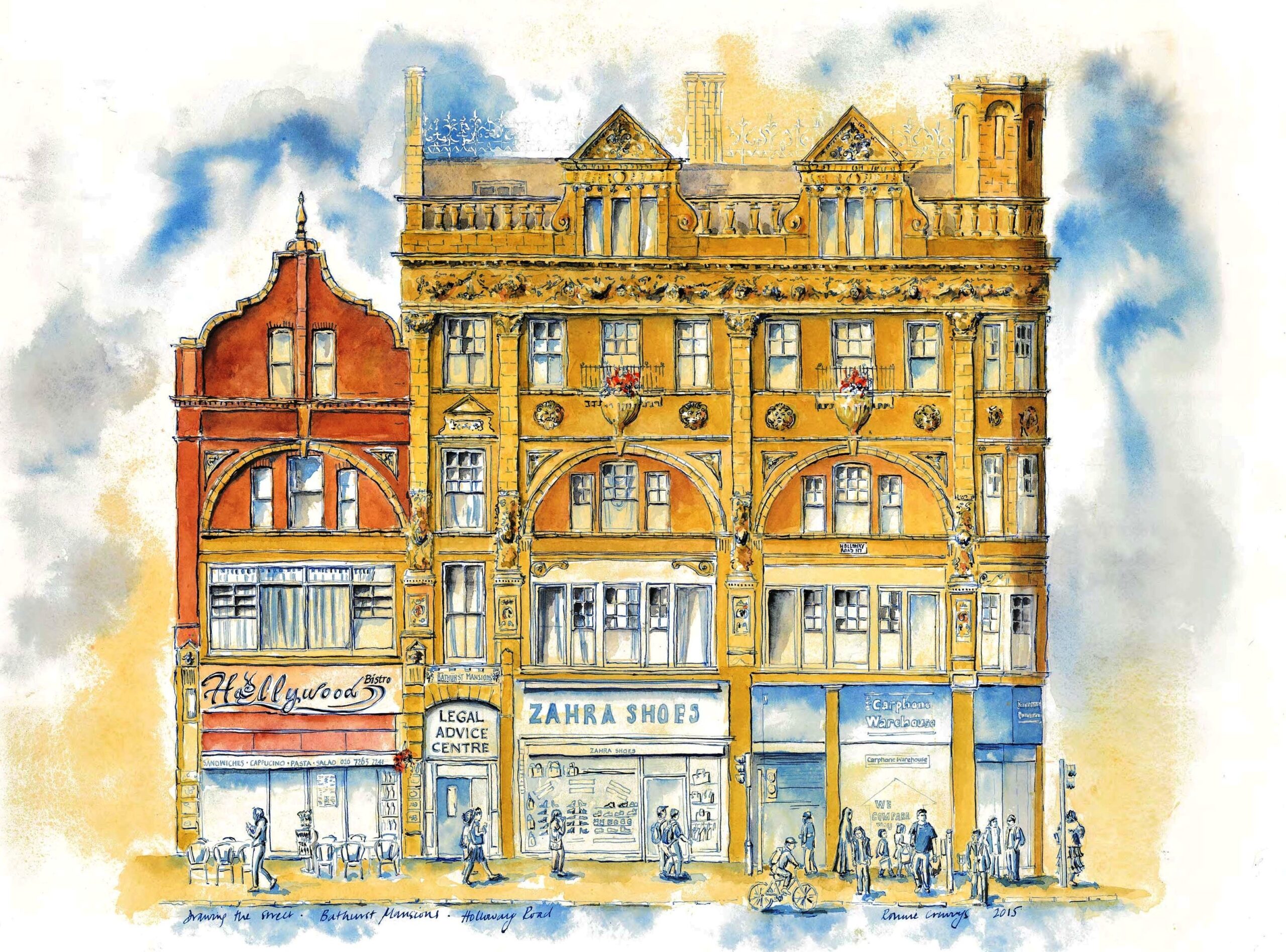 1_Albermarle_Mansions_Holloway_Rd_London_N7_Ronnie_Cruwys colourful drawing of Alnermarle mansions on Holloway Road London