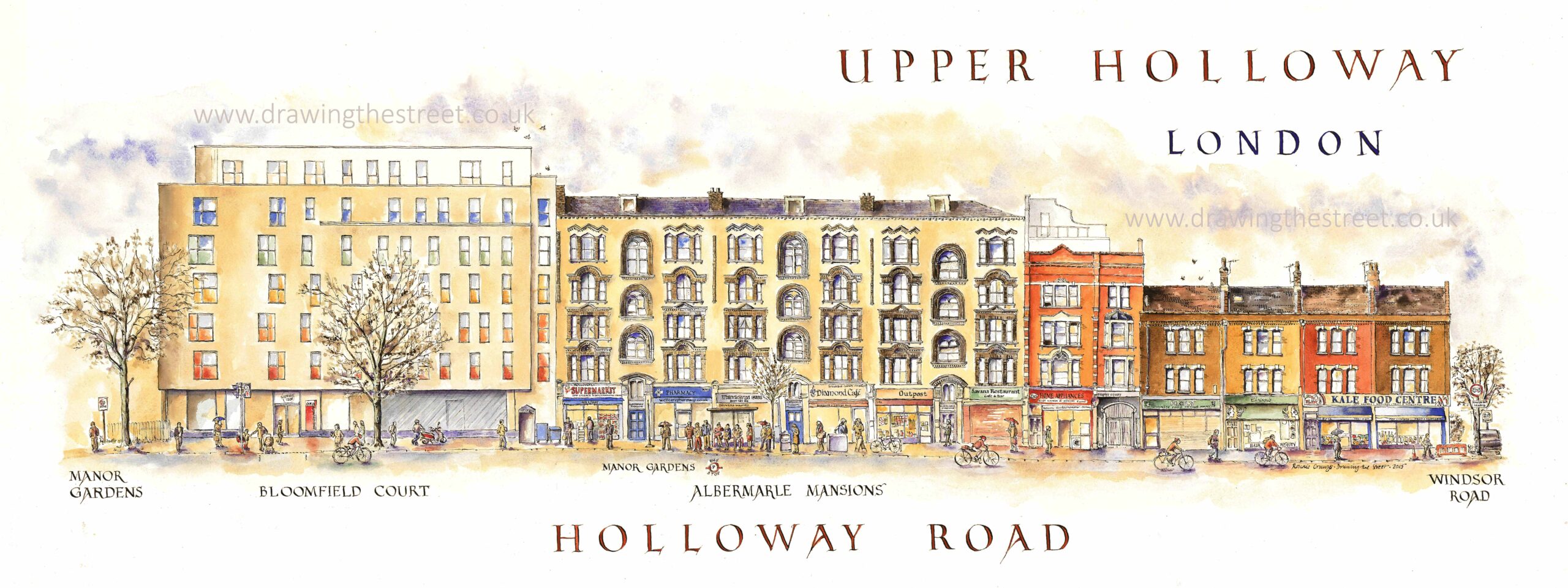 1_Albermarle_Mansions_Holloway_Rd_London_N7_Ronnie_Cruwys colourful drawing of Alnermarle mansions on Holloway Road London